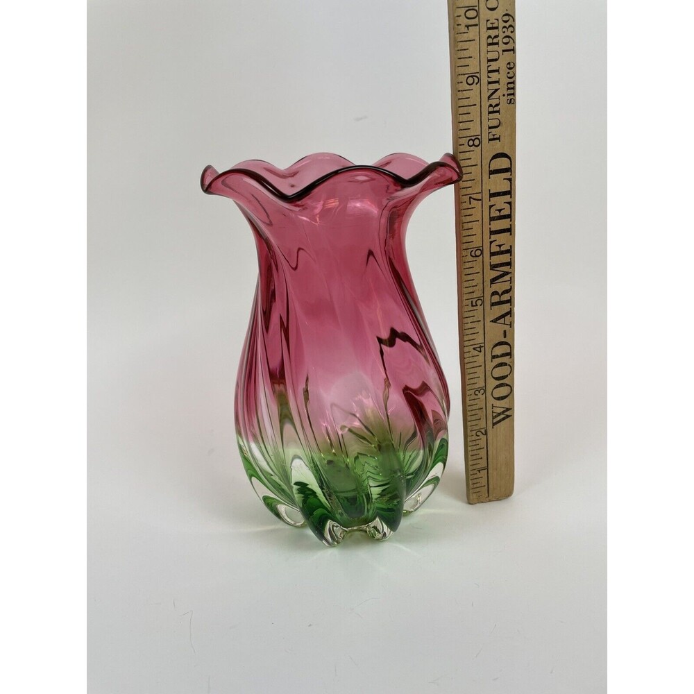 Watermelon Glass Vase Twisted Ruffled Edge Hand Blown 8” Tall - Picture 9 of 10